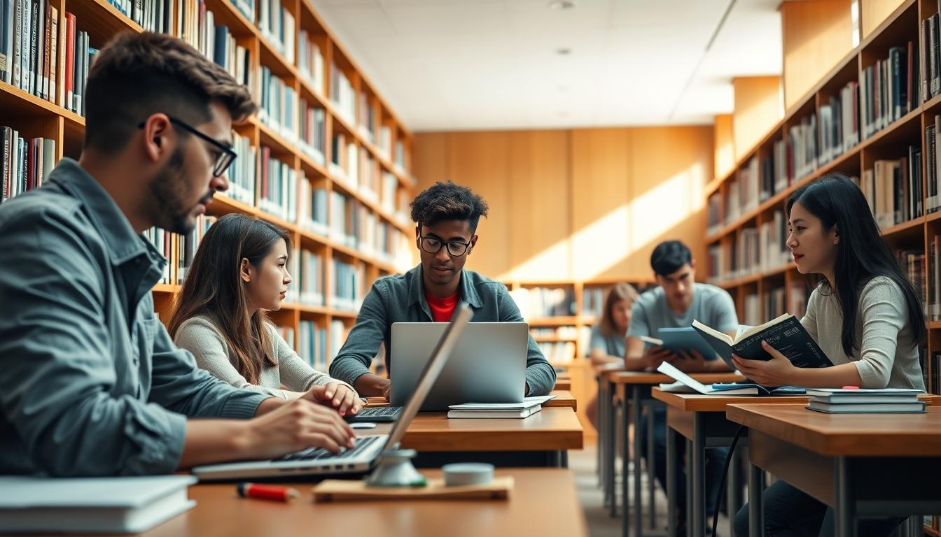 Students studying together in modern classroom